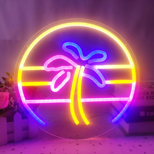 Sunset and Tropical Coconut Palm Tree Neon Sign