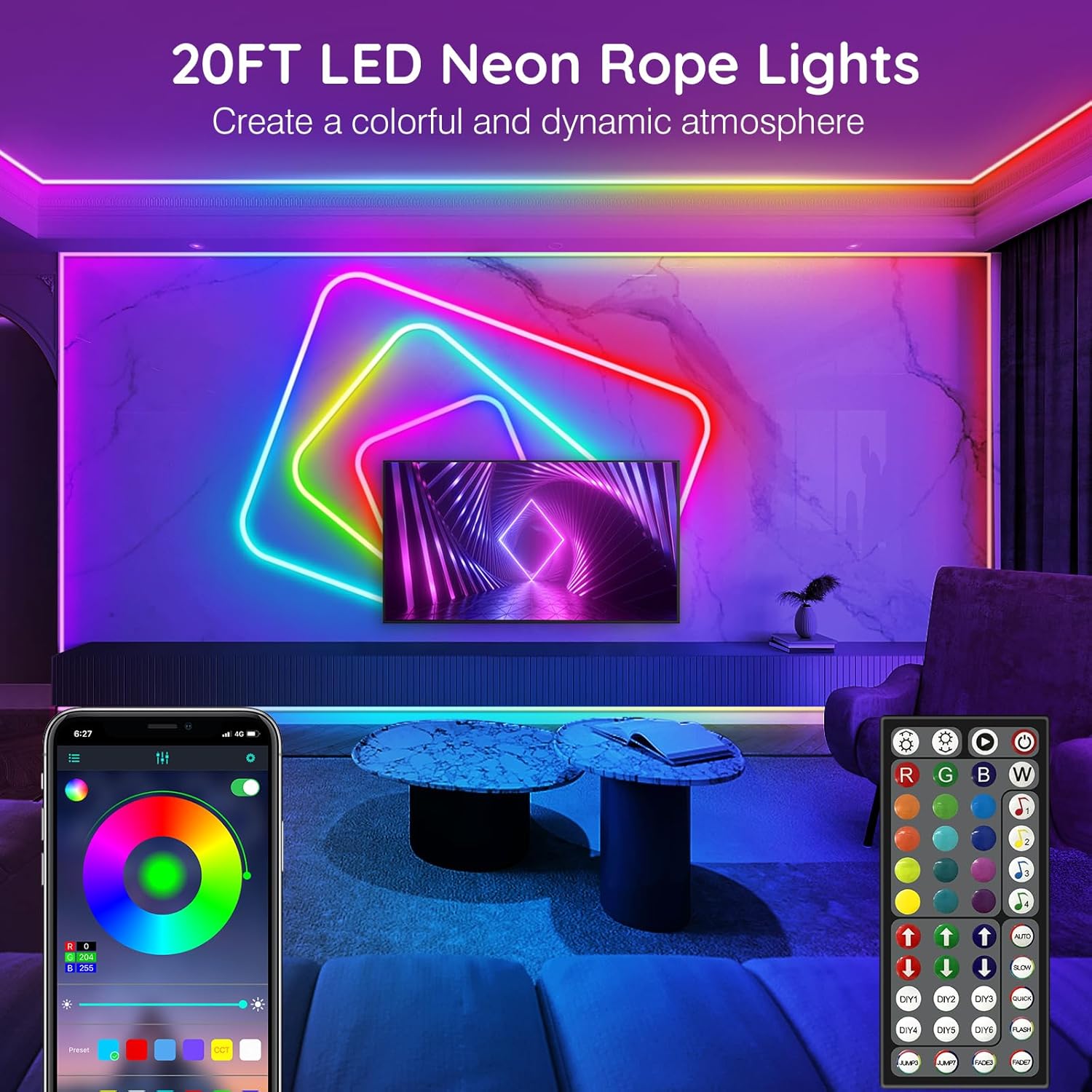 20Ft Neon Rope Lights, with App/Remote, Multiple for Bedroom