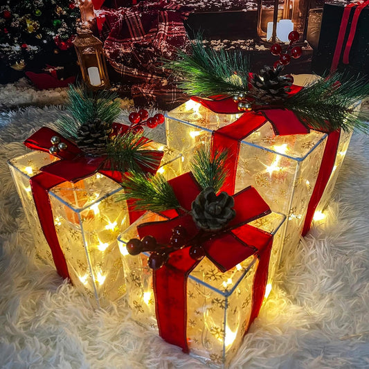 3 Christmas Lighted Red Gift Boxes 